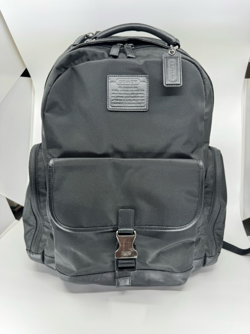 Coach Black Nylon Men's Backpack with Front Buckle Pocket
